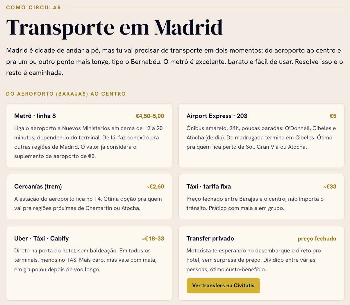 Página de transporte em Madrid